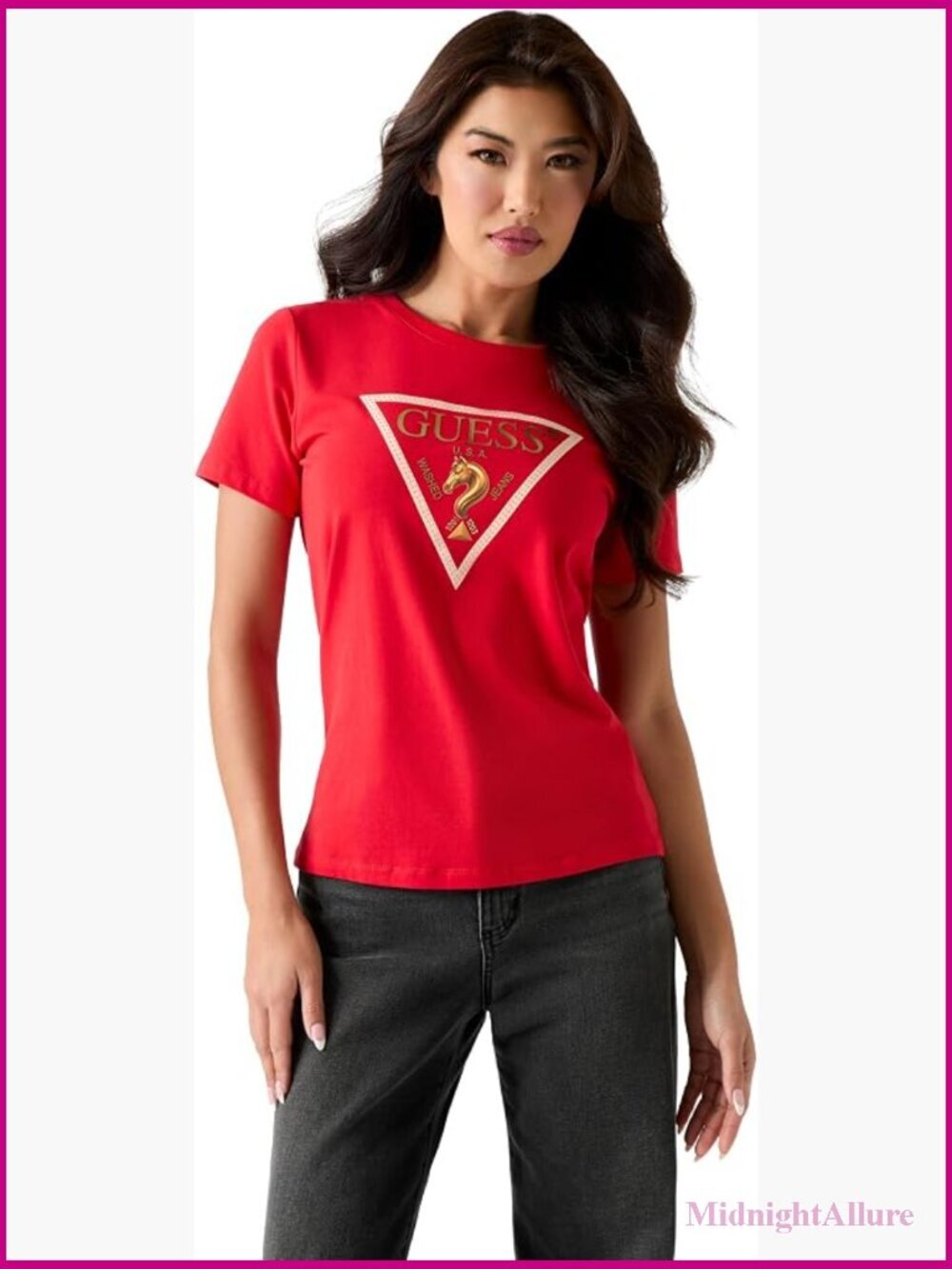 Short Sleeve Crew Neck Fitted Tee with Triangle Logo and Horse Graphic, Organic